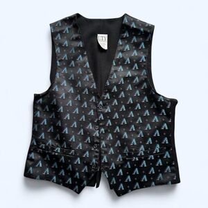 Vintage 1990s Black Satin Arizona Diamondback Patterned Vest with Blue Motif